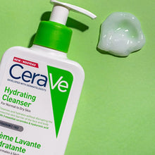 Image of green and white CeraVe Hydrating Cleanser Pump bottle - for normal to dry skin with a pump of translucent white cleanser pumped on to bright green background.