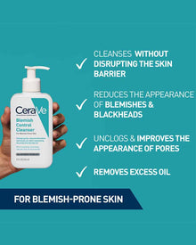 CeraVe blemish control cleanser with text highlighting benefits on a blue background. For  blemish-prone skin.
