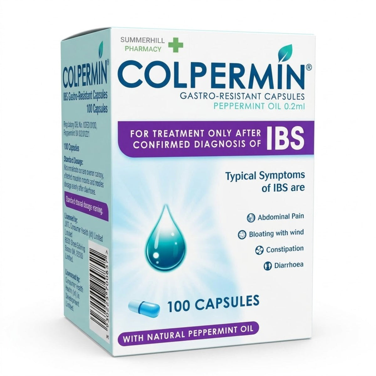 A box of Colpermin Gastro-Resistant Capsules, 100 count, featuring peppermint oil. The packaging is white and light blue with purple accents, displaying the Summerhill Pharmacy brand and product details.