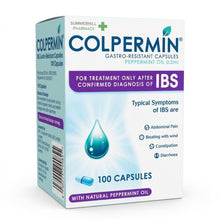 A box of Colpermin Gastro-Resistant Capsules, 100 count, featuring peppermint oil. The packaging is white and light blue with purple accents, displaying the Summerhill Pharmacy brand and product details.