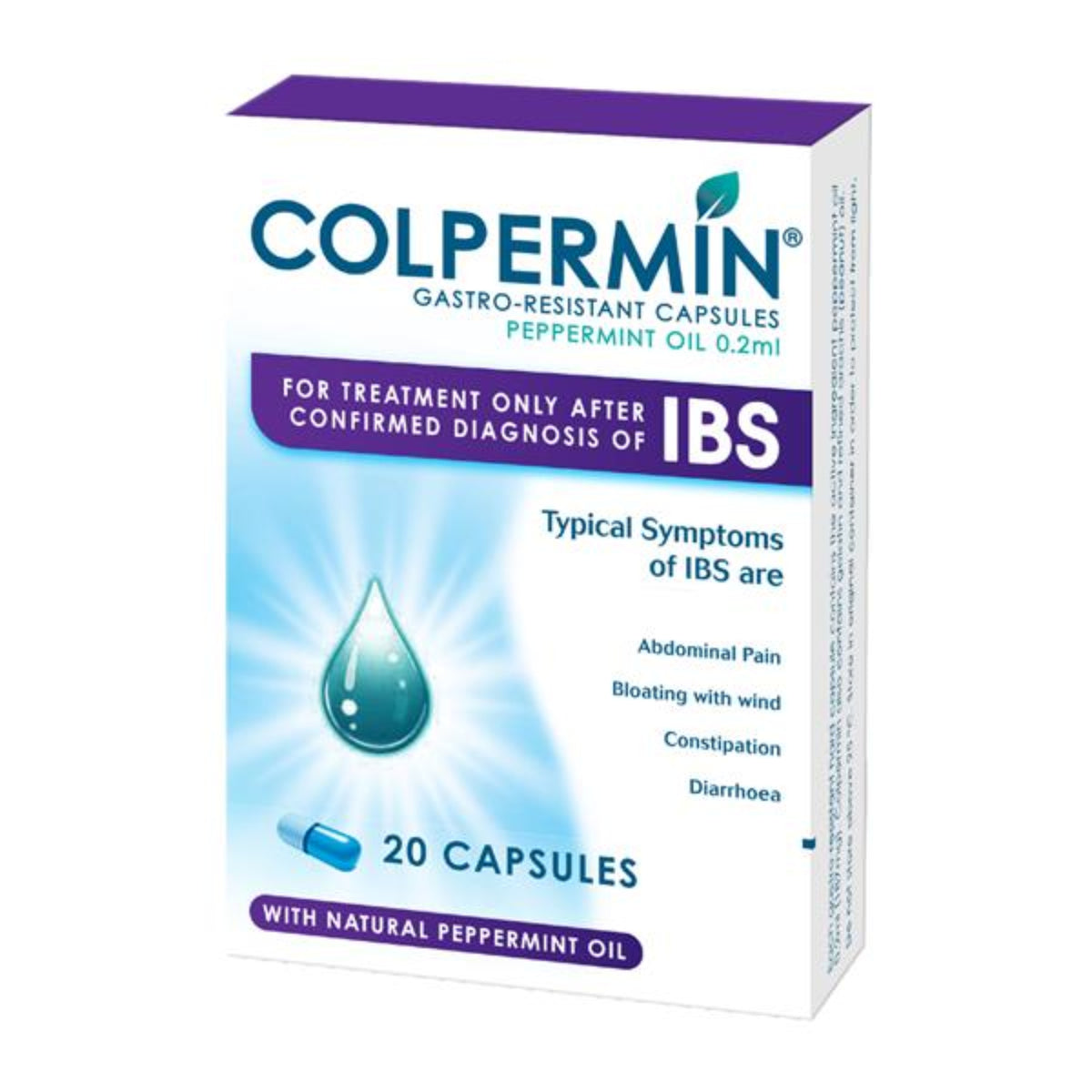 Box of Colpermin gastro-resistant capsules with peppermint oil on a white background