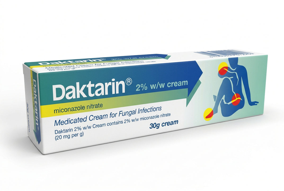 Packaging of Daktarin 2% w/w Cream with a graphic illustration of a person suffering from fungal infections, indicating the medicated cream is used for such conditions.