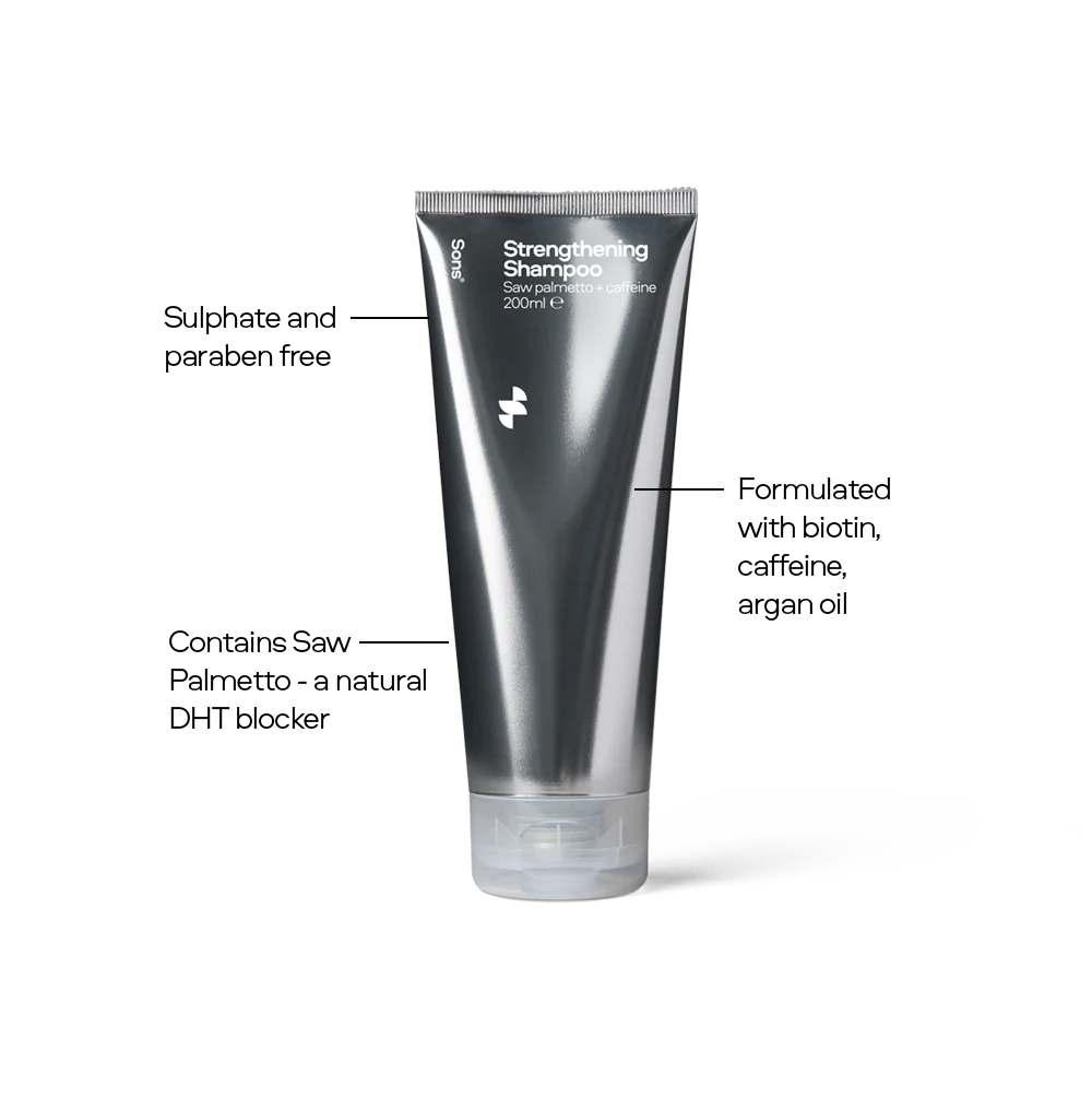 Sons Strengthening Shampoo tube with text highlighting ingredients and benefits on a white background