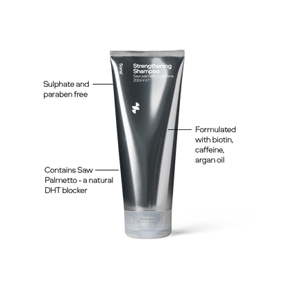 Sons Strengthening Shampoo tube with text highlighting ingredients and benefits on a white background