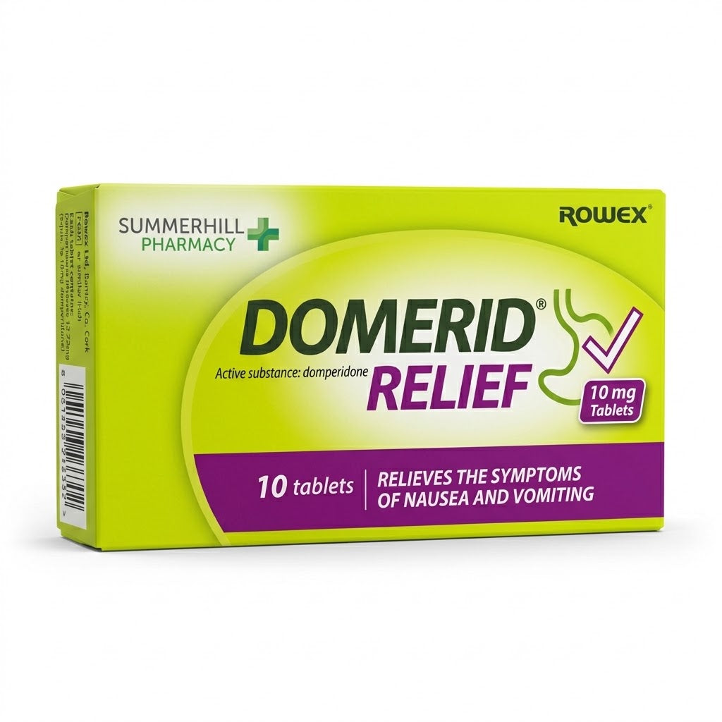 Domerid Relief 10mg domperidone tablets, front of 10-tablet pack
