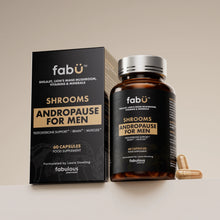 Supplement packaging for 'Shrooms Andropause for Men' by fabü on a neutral background. Black tub with a silver lid.