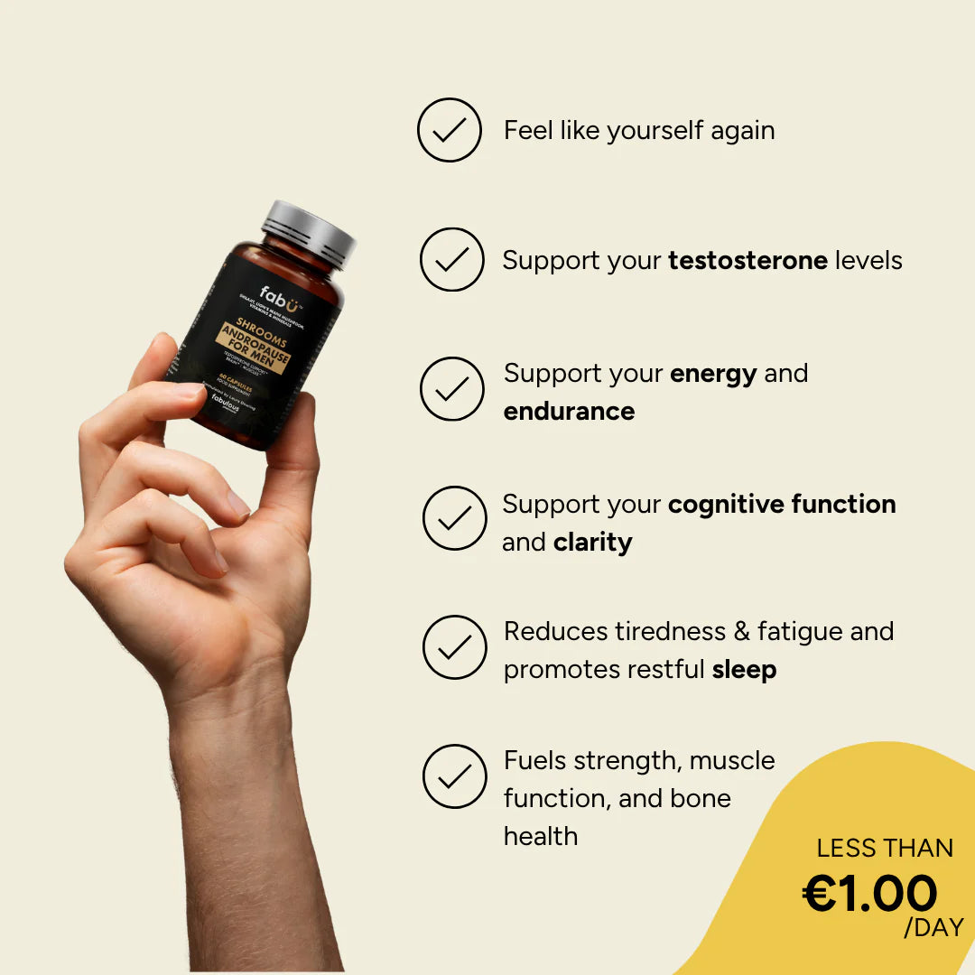 Hand holding a supplement bottle with benefits listed on a beige background. Supports your energy and cognitive function.