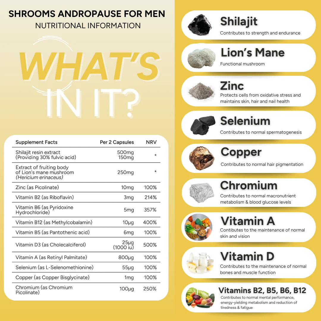 Nutritional information chart for shrooms andropause for men on a yellow background. Shrooms Andropause for Men with a list of ingredients including Shilajit and Lion's Mane mushroom.