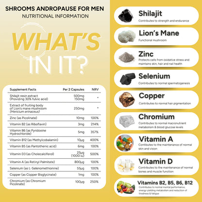 Nutritional information chart for shrooms andropause for men on a yellow background. Shrooms Andropause for Men with a list of ingredients including Shilajit and Lion's Mane mushroom.