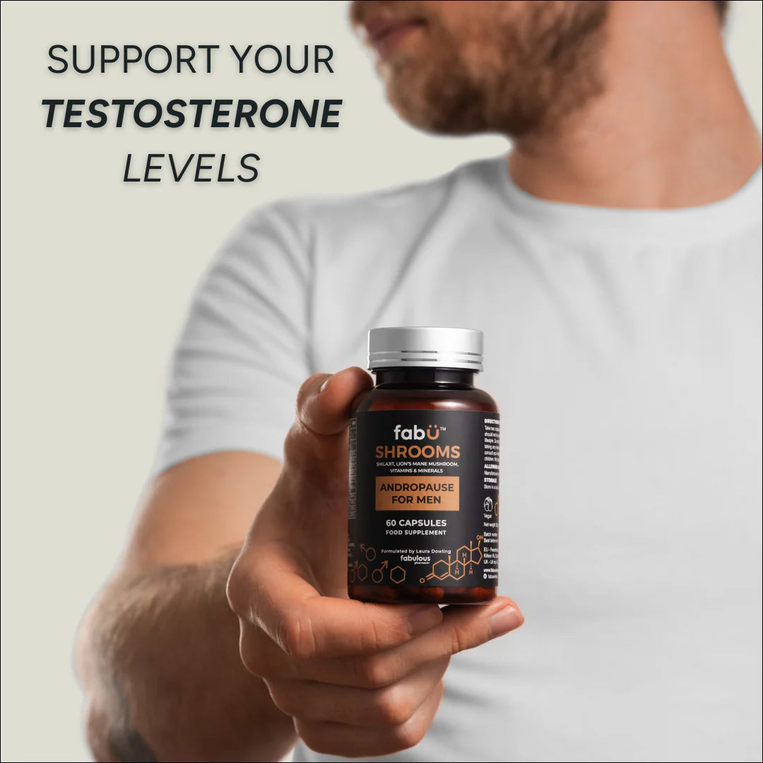 Person holding a supplement bottle labeled 'fabu shrooms' with text about supporting testosterone levels.