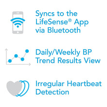 Features of a health monitoring device synced to the LifeSense App via Bluetooth, showing BP trend results and heartbeat detection.