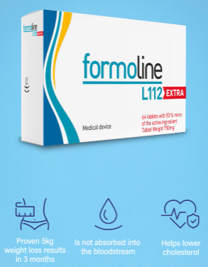 Formoline L112 Extra tablet packaging box shown on a light blue background with three marketing icons below. The box is white with blue, yellow, and red accents and the brand name 'formoline' is clearly visible.