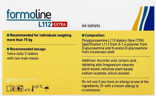 Back of a Formoline L112 Extra medicine box showing yellow and white packaging with black and blue text, including dosage and composition details.