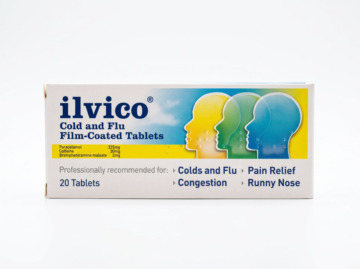 Ilvico Cold and Flu film-coated tablets, 20-tablet pack, front of box.