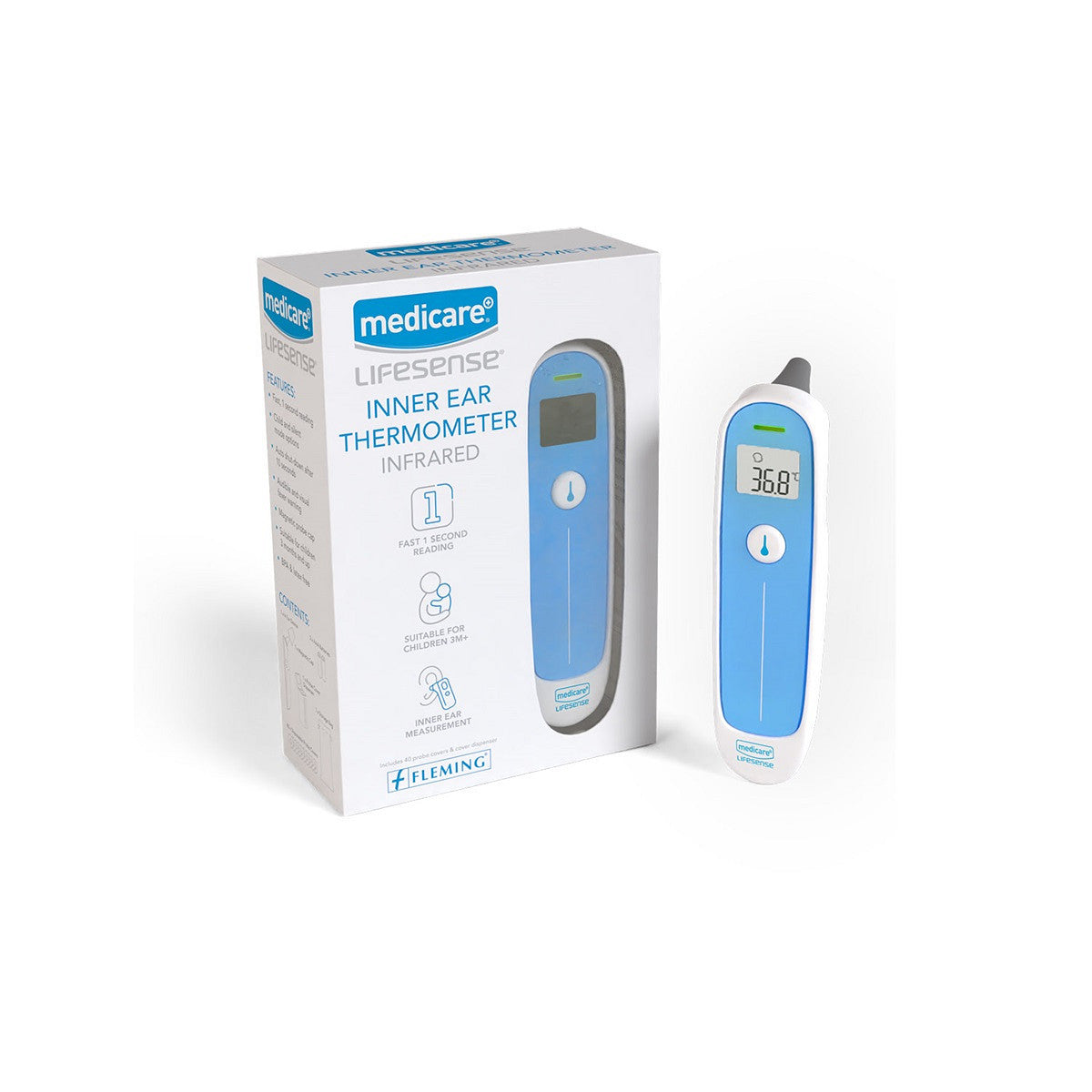 Medicare Lifesense inner ear thermometer packaging on a white background. MD1882 thermometer from Fleming Medical.