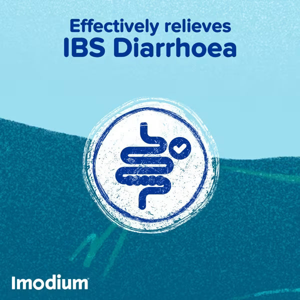 Promotional graphic for Imodium stating 'Effectively relieves IBS Diarrhoea' with a blue intestinal icon inside a white circular badge on a blue gradient background.