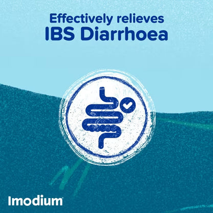Promotional graphic for Imodium stating 'Effectively relieves IBS Diarrhoea' with a blue intestinal icon inside a white circular badge on a blue gradient background.