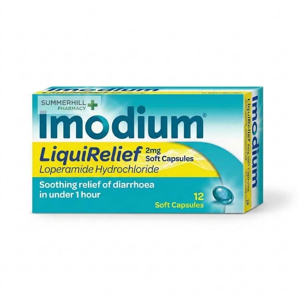 Teal green box of Imodium LiquiRelief 2mg Soft Capsules with yellow highlights and navy writing.
