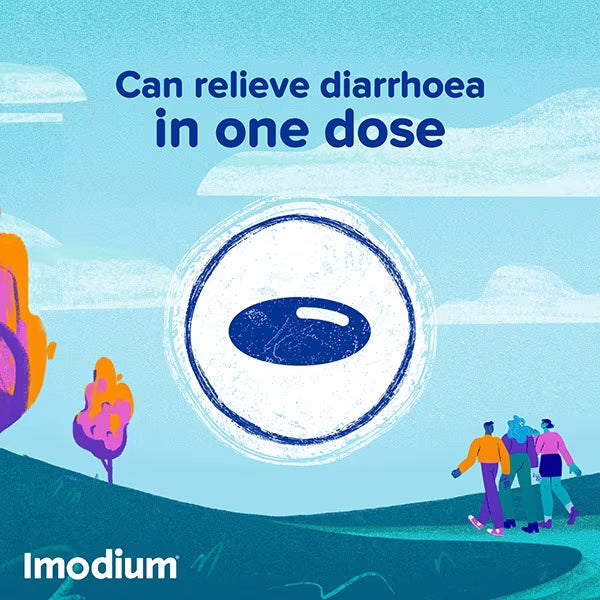 Promotional graphic for Imodium featuring the text 'Can relieve diarrhoea in one dose' above a stylized illustration of a white oval pill with a blue center, set against a light blue sky and dark blue ground with small colorful human figures.