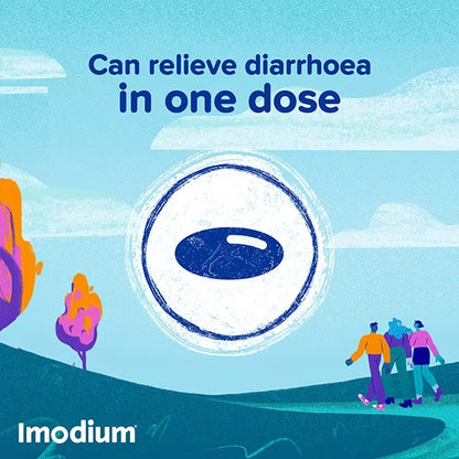 Promotional graphic for Imodium featuring the text 'Can relieve diarrhoea in one dose' above a stylized illustration of a white oval pill with a blue center, set against a light blue sky and dark blue ground with small colorful human figures.