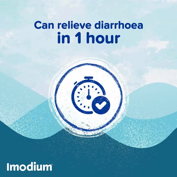 Advertisement for Imodium with text 'Can relieve diarrhoea in 1 hour' and a timer icon on a blue background.