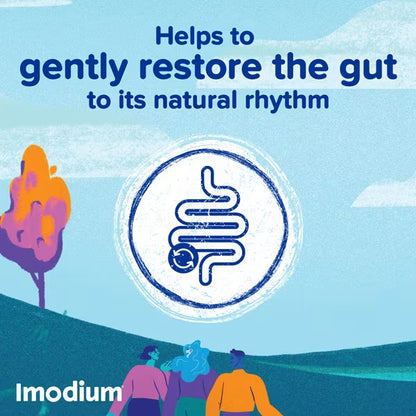 Advertisement for Imodium with people and trees on a blue background