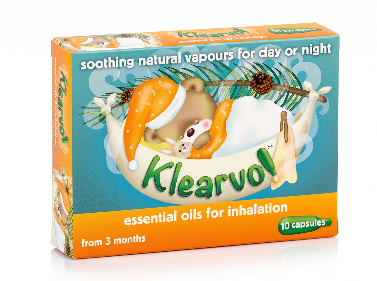A box of Klearvol essential oils for inhalation, featuring a cartoon brown bear sleeping in a hammock with pine needles and an orange night cap hat on a teal, orange, and white background.