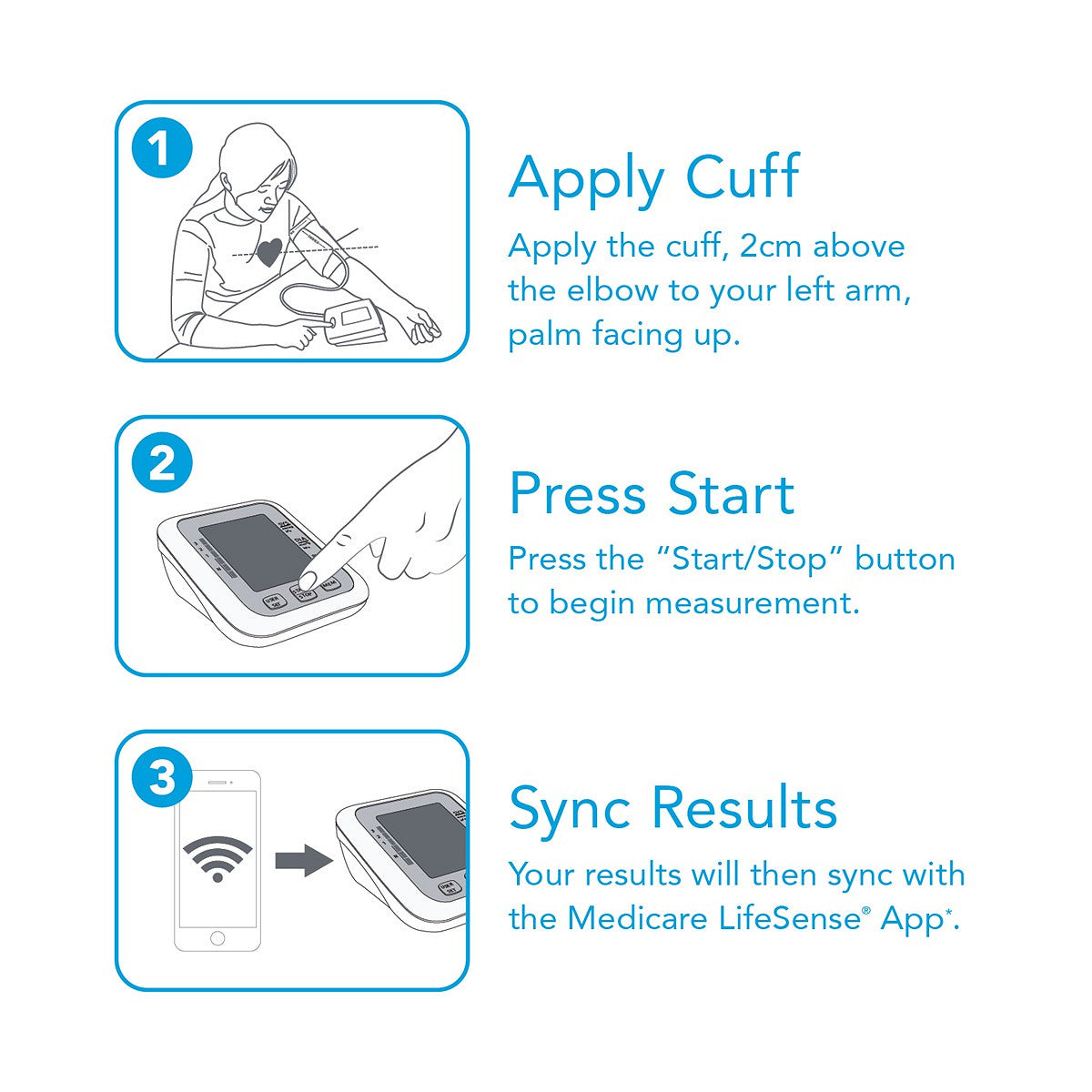 Instructions for using a blood pressure monitor with illustrations and text.