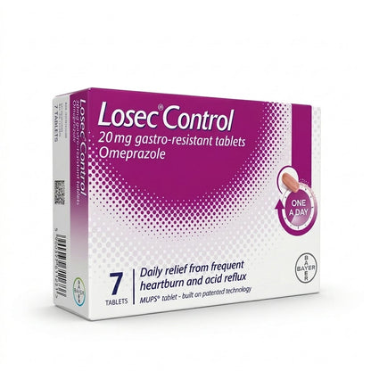A box of Losec Control 20 mg gastro-resistant tablets, containing 7 tablets, shown on a clean white background. The packaging features a prominent purple and white design with text detailing the product's benefits for heartburn and acid reflux.