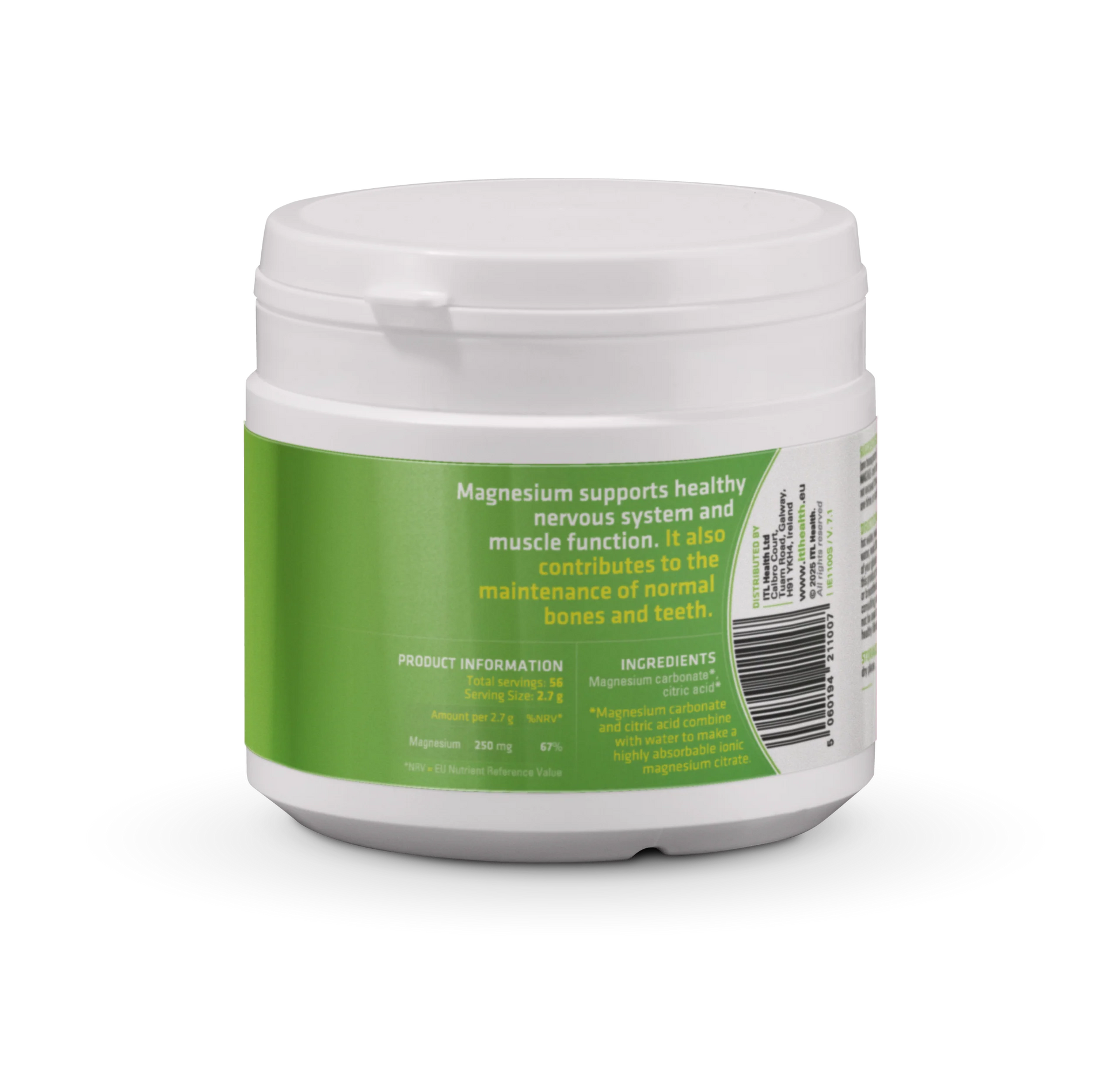 White container with green label on a white background