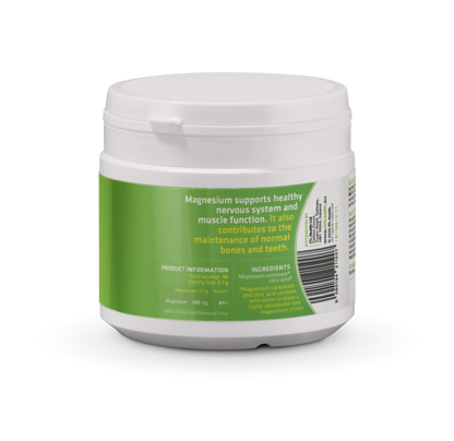 White container with green label on a white background