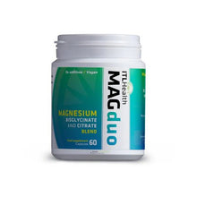 A container of Magduo Magnesium Bisglycinate and Citrate Capsules, with the label showing the product name and count '60S'. Made by ITL Health.