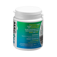Supplement bottle with green label on a white background. It states magnesium supports normal nervous system and muscle function.