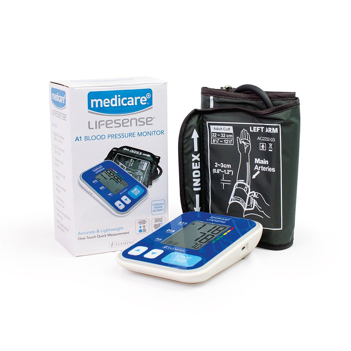 Medicare Lifesense A1 blood pressure monitor with packaging and cuff on a white background.