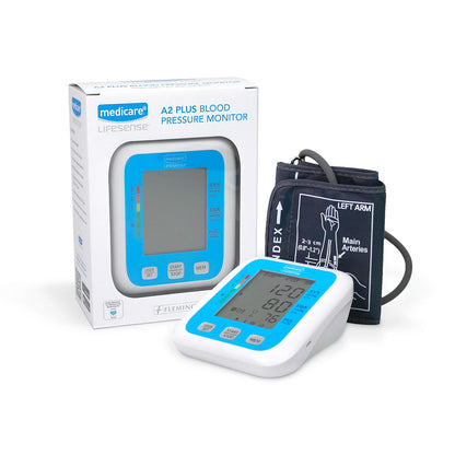 Medicare A2 Plus blood pressure monitor with packaging on a white background. Navy cuff sitting behind monitor.