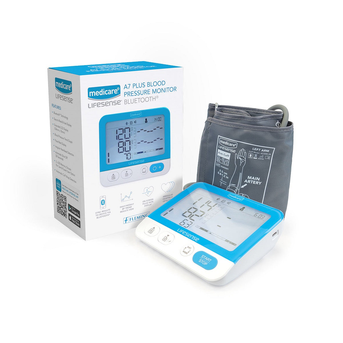 Medicare A7 blood pressure monitor, cuff with packaging on a white background