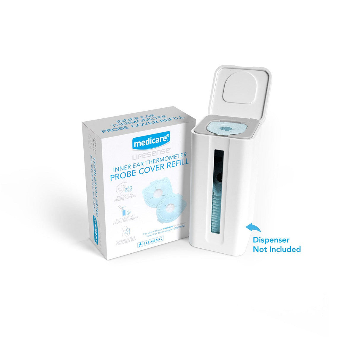 Medicare inner ear thermometer probe cover refill with packaging on a white background