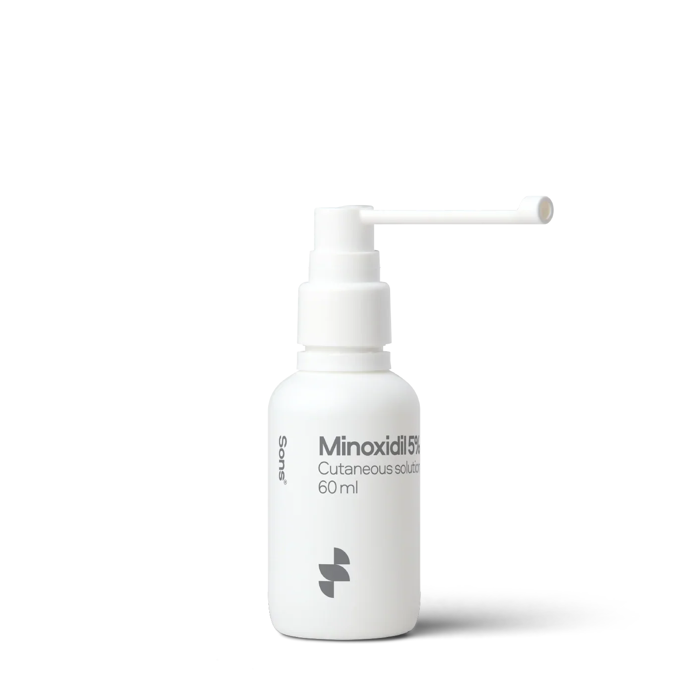 White bottle of Minoxidil 5% on a white background