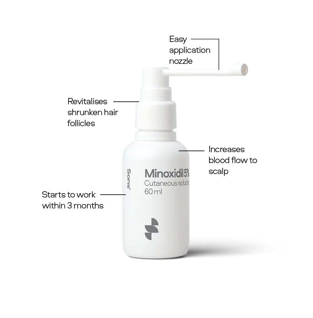 White bottle with text highlighting features on a white background