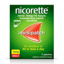 Nicorette Invisipatch Step 2 nicotine transdermal patch box, 15mg, 7 patches, shown on a white background.