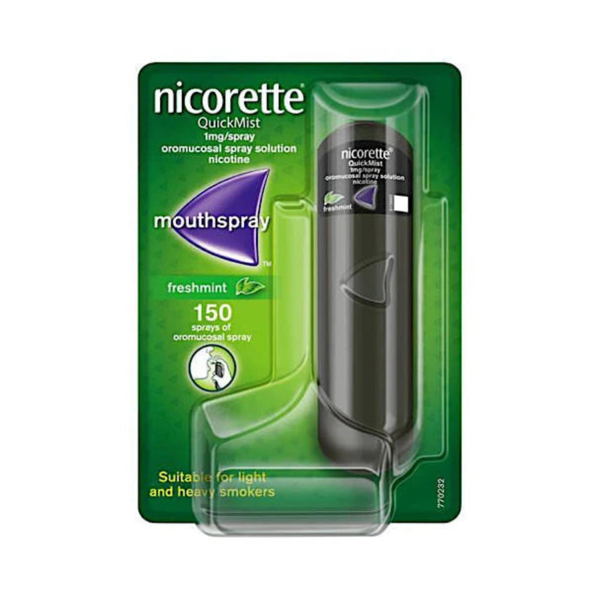 Nicorette QuickMist 150 mg spray oromucosal solution in a mint/freshmint flavor, packaged in its original green blister card with the mouth spray device visible on the right.