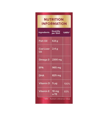Nutrition information label for a Seven Seas Omega-3 Fish Oil oplus Cod Liver Oil - Max Strength. This liquid contains 6.8g of fish oil, 2.4g of Cod Liver Oil and 2300mg Omega-3 per 10mls. Content on a white background.
