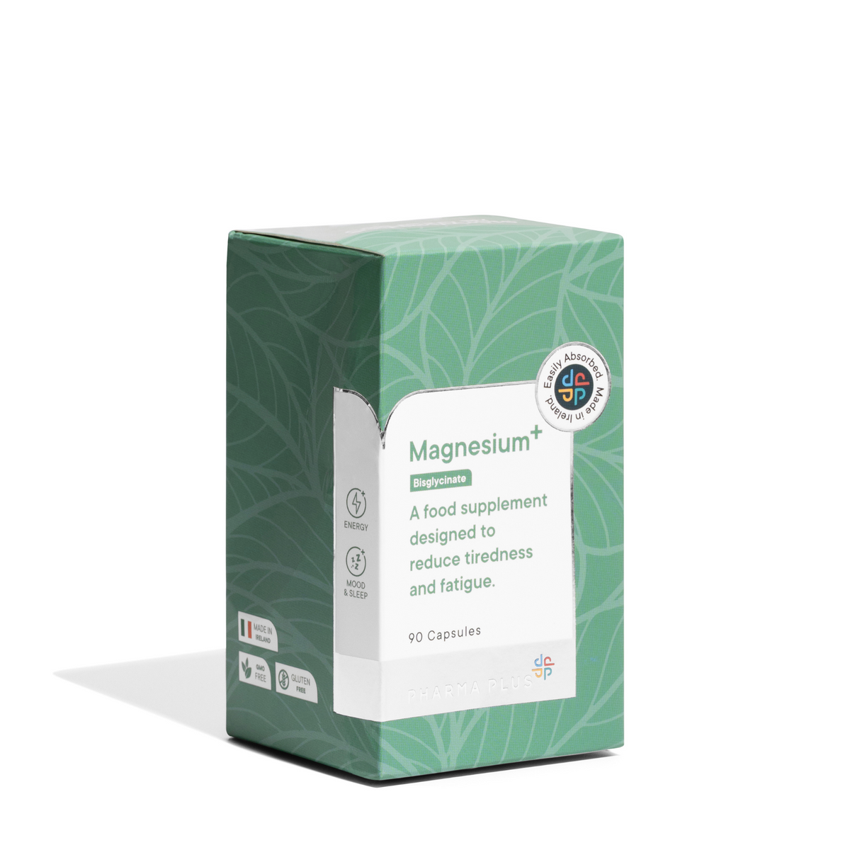 Box of magnesium supplements with green and white design on a white background