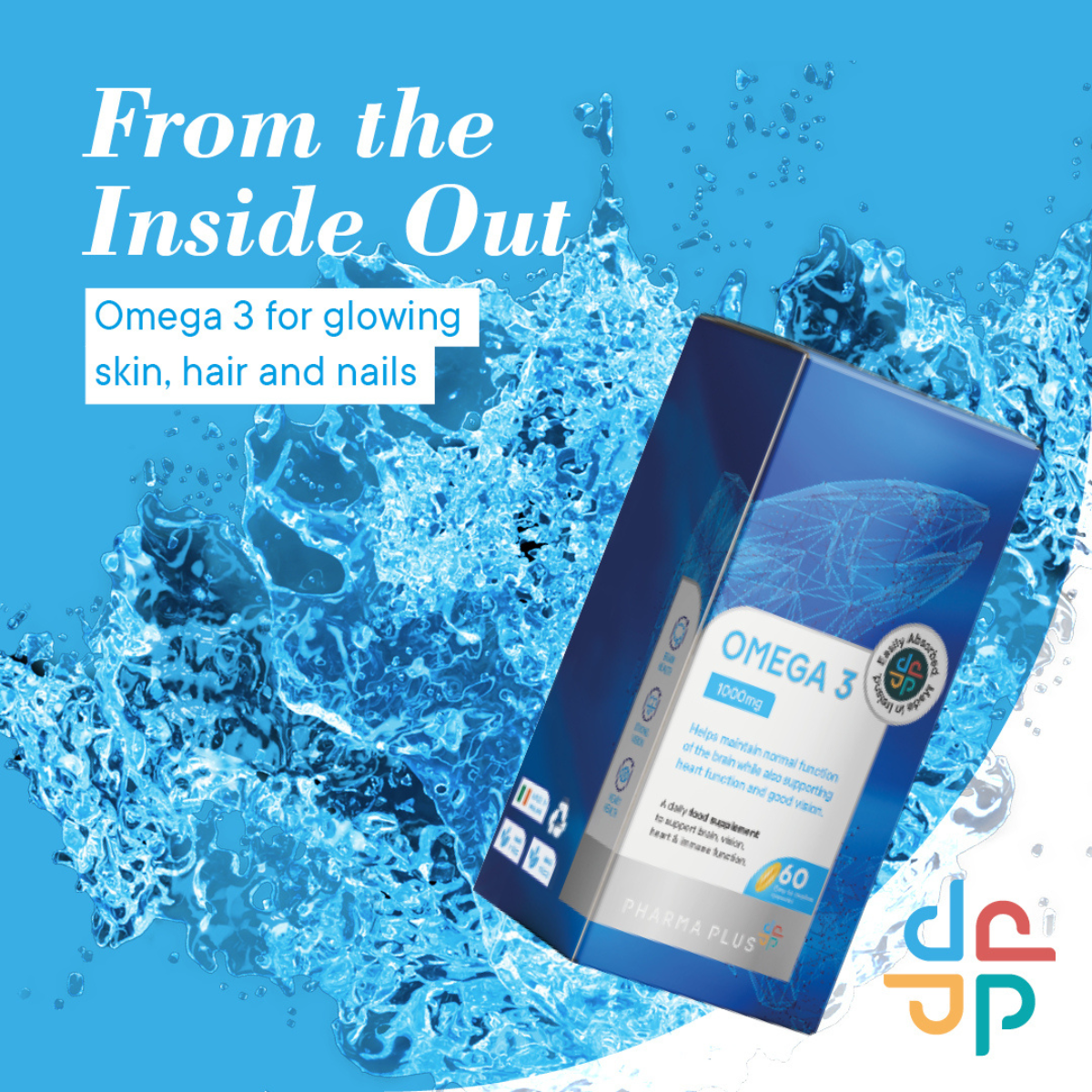 Omega 3 supplement box by Pharma Plus shown at an angle against a bright blue water splash background, with promotional text reading 'From the Inside Out' and 'Omega 3 for glowing skin, hair and nails.'.