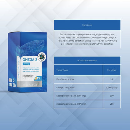 Omega 3 supplement packaging with nutritional information on a blue geometric background. This product is a fish oil concentrate.