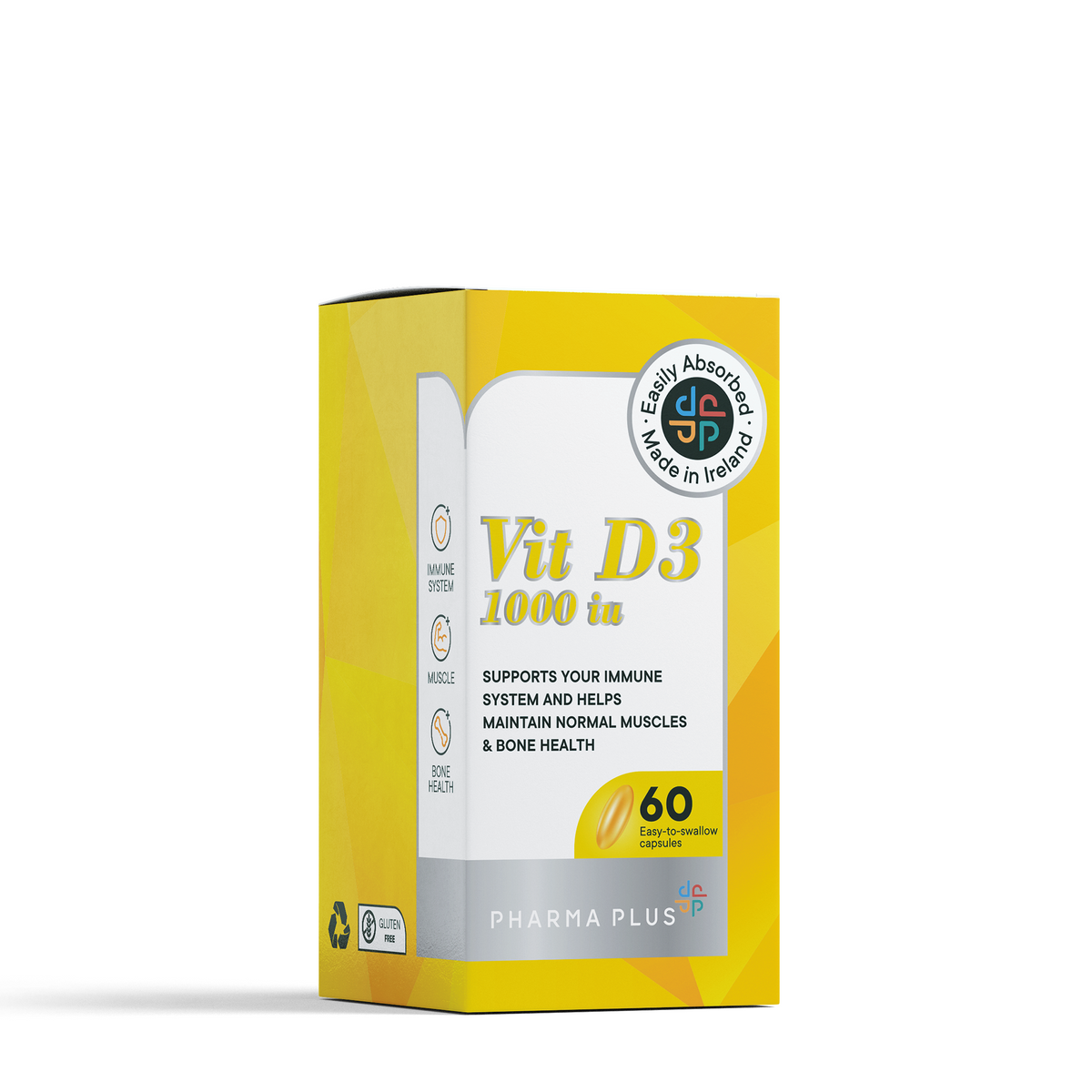 A yellow and white box of Pharma Plus Vit D3 1000 iu dietary supplement, displayed on a clean white background with a soft shadow. Pharma Plus Vitamin D3 1000 IU box containing 60 capsules