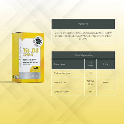 Yellow supplement box with nutritional information on a yellow background. Pharma Plus Vitamin D3 ingredients and nutrition table showing 1000 IU per softgel.