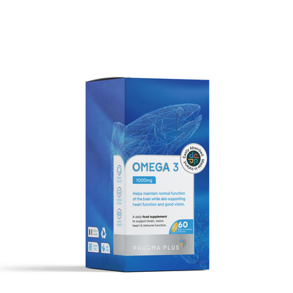 A blue rectangular box of Pharma Plus Omega 3 1000mg dietary supplement, featuring a whale graphic and product details on the front, set against a plain white background.