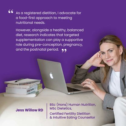 Woman sitting at a desk with a laptop, books, and a notebook on a purple background with text about nutrition and dietetics.