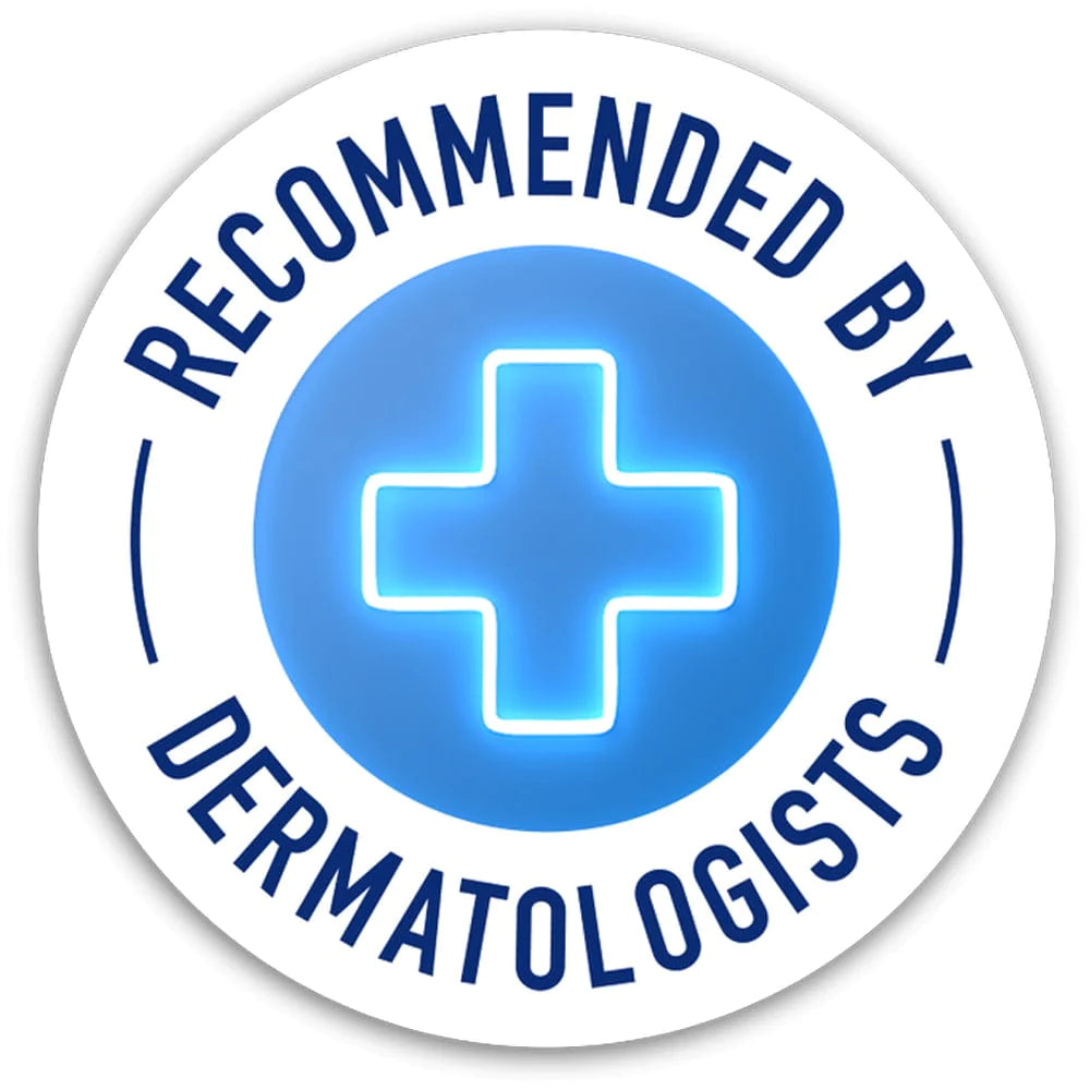 Image of Recommended By Dermatologist encircling a neon Blue Cross. 